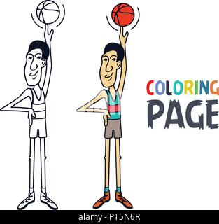 coloring page with basketball player cartoon Stock Vector