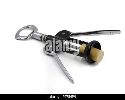 Metal corkscrew with a cork on white background Stock Photo