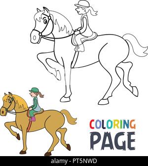coloring page with woman ridding horse cartoon Stock Vector