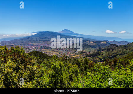 Wonderful view from Mirador Cruz Del Carmen to the volcano Teide on Tenerife - Spain. Stock Photo