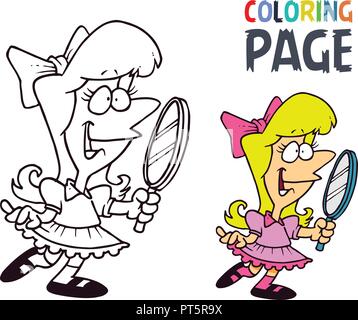 young girl with mirror cartoon coloring page Stock Vector