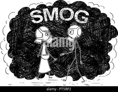 Cartoon of Man and Woman With Gas Masks Walking in Smog or Polluted Air Stock Vector