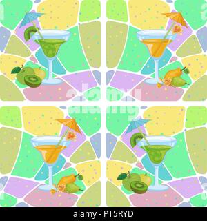 Seamless Background, Glasses with Drink and Fruit, Apples, Kiwis, Pears and Abstract Pattern. Eps10, Contains Transparencies. Vector Stock Vector