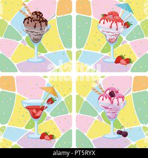 Seamless Background, Glasses with Ice Cream, Strawberries and Cherry Berries on Abstract Pattern. Eps10, Contains Transparencies. Vector Stock Vector