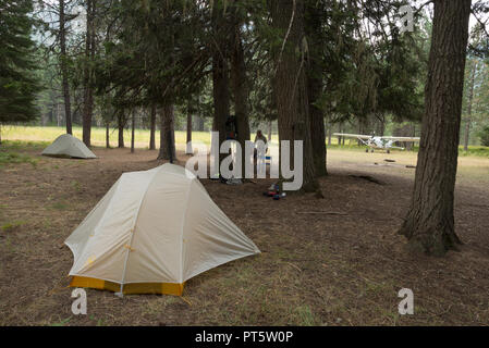 Fly-in campsite along the Moose Creek Airstrip in Idaho's Selway-Bitterroot Wilderness. Stock Photo