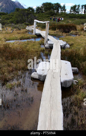 Wooden pathway through the marsh at El Chalten National Park, Argentina Stock Photo
