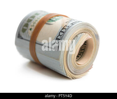 rolled stack of one hundred dollars isolated on white background Stock Photo