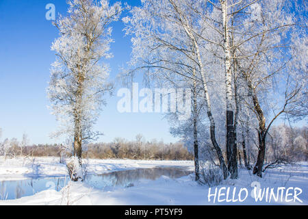 Photo with text Hello winter. Winter landscape. Banner with text. Hello winter. Winter. Stock Photo