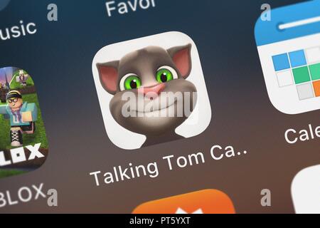 London, United Kingdom - October 06, 2018: The Talking Tom Cat for iPad mobile app from Outfit7 Limited on an iPhone screen. Stock Photo