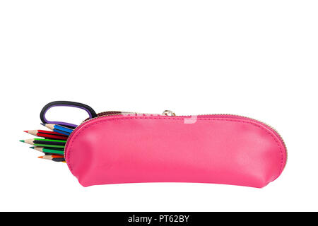 Pink pencil case with a gold zipper has pencils and scissors protruding isolated on a pure white background Stock Photo