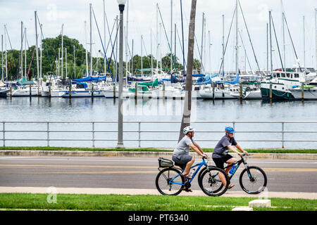 St. Saint Petersburg Florida,man men male,friend,riding bicycles bikes safety helmets,South Yacht Basin Tampa Bay,Albert Whitted Park,FL180731096 Stock Photo