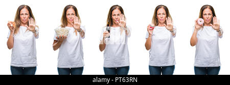 Collage of middle age mature woman eating food over white isolated background with open hand doing stop sign with serious and confident expression, de Stock Photo