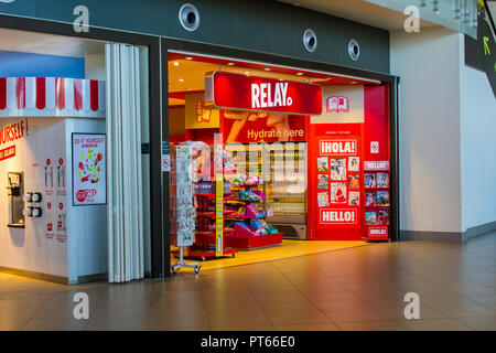 5 October 2018 A small Relay Store in the Faro Airport departures terminal. Open for the sale of confectionery, fizzy drinks, juice and water Stock Photo