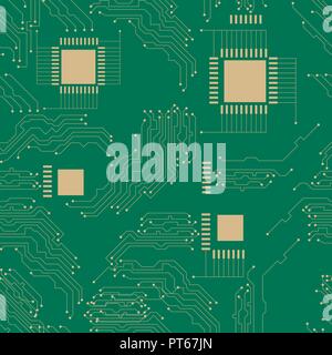 Microcircuit. Abstract techno background. Seamless pattern. Green background copper elements Stock Vector