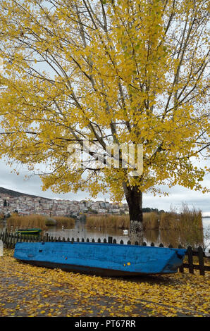 Autumn scene with yellow fall leaves tree a blue wooden boat and as background lake and town Kastoria in Greece Stock Photo