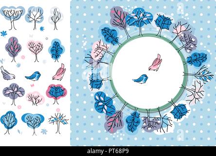 Winter greeting card. trees and birds. Round frame. Template for your design, festive greeting cards,  announcements, posters. Stock Vector
