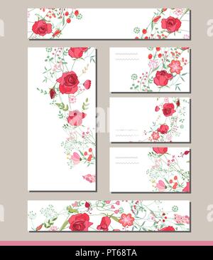 Floral spring templates with cute bunches of red roses.For romantic and easter design, announcements, greeting cards, posters, advertisement. Stock Vector