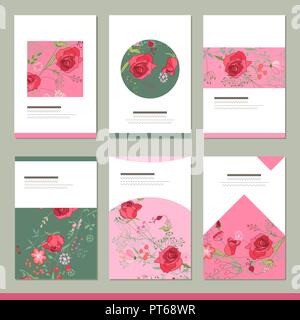 Set with six floral romantic templates. Roses and herbs Stock Vector