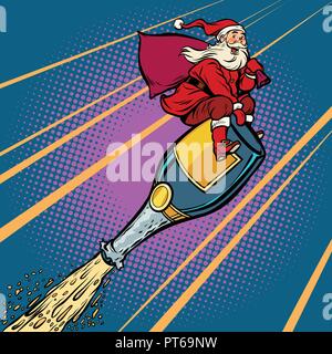 Santa is flying on a bottle of champagne. New year and Christmas. Comic cartoon pop art retro vector illustration Stock Vector
