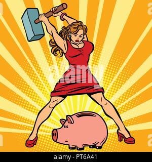 woman breaks piggy Bank. Finance, Economics and consumption. Comic cartoon pop art retro vector illustration drawing Stock Vector