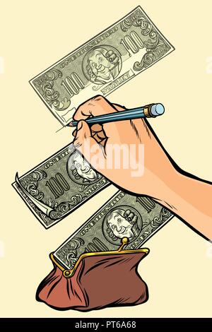 Counterfeiter draws money dollars. Money falls into the purse. Comic cartoon pop art retro vector illustration drawing Stock Vector