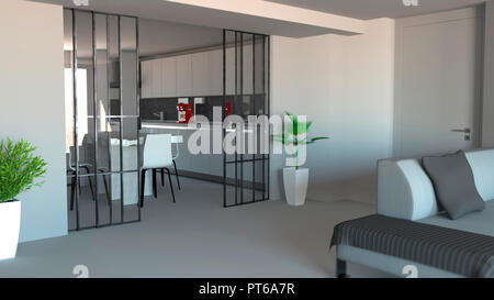Sliding door, living room and kitchen partition, modern apartment entrance, industrial style. 3d rendering