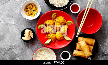 Chinese food set on stone table Stock Photo