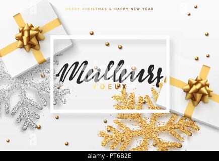 French Text Meilleurs Voeux Christmas Background With Shining Gold Snowflakes Xmas Festive Greeting Card Vector Illustration Stock Vector Image Art Alamy