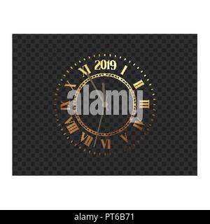 2019 New Year gold clock, five minutes to midnight. Merry Christmas. Watch isolated on transparent background Stock Vector