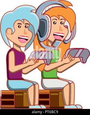 girls sitting playing video game vector illustration design Stock Vector