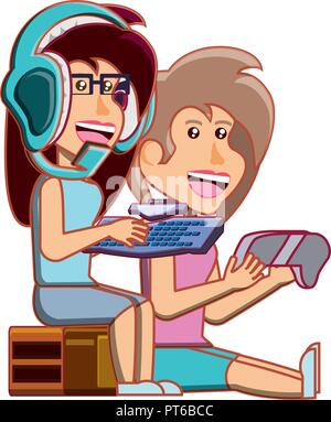 girls sitting playing video game vector illustration design Stock Vector