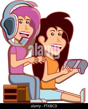 girls sitting playing video game vector illustration design Stock Vector