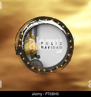 Spanish text Feliz Navidad. Christmas greeting illustration. Round hole, black abstract frame, with bright light golden garlands, and xmas ornaments balls. Stock Vector