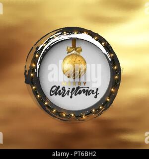 Christmas greeting illustration. Round hole, black abstract frame, with bright light golden garlands, and xmas ornaments balls. Stock Vector