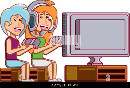 girls playing video game avatar character vector illustration design Stock Vector