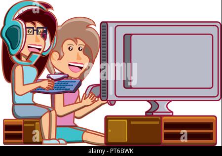 girls playing video game avatar character vector illustration design Stock Vector