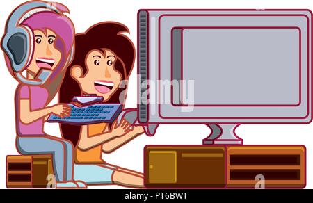 girls playing video game avatar character vector illustration design Stock Vector