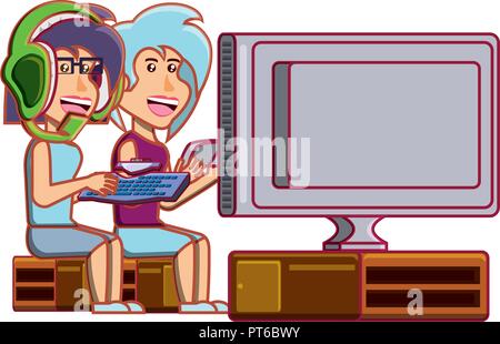 girls playing video game avatar character vector illustration design Stock Vector