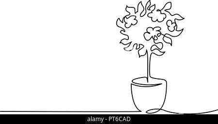 Continuous one line drawing. Blooming tree in pot. Vector illustration Stock Vector