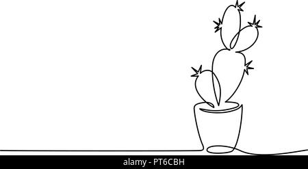 Continuous one line drawing. House cactus in pot. Vector illustration Stock Vector