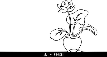 Continuous one line drawing. House plant in pot. Vector illustration Stock Vector