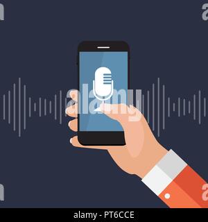 Hand with mobile phone with microphone button and intelligent technologies in flat style.  Personal assistant and voice recognition concept. Vector Illustration Stock Vector