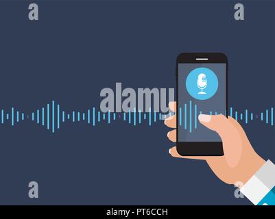 Hand with mobile phone with microphone button and intelligent technologies in flat style.  Personal assistant and voice recognition concept. Vector Illustration Stock Vector