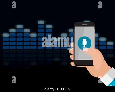 Hand with mobile phone with microphone button and intelligent technologies in flat style.  Personal assistant and voice recognition concept. Vector Illustration Stock Vector