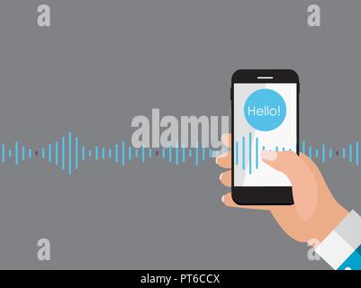 Hand with mobile phone with microphone button and intelligent technologies in flat style.  Personal assistant and voice recognition concept. Vector Illustration Stock Vector