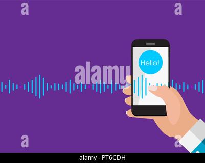 Hand with mobile phone with microphone button and intelligent technologies in flat style.  Personal assistant and voice recognition concept. Vector Illustration Stock Vector