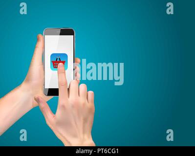 Realistic 3D Silhouette of hand with shopping icon. Vector Illustration Stock Vector