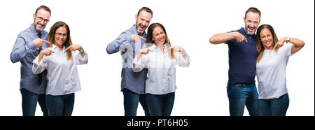 Collage of middle age mature beautiful couple of senior wife and husband over white isolated background looking confident with smile on face, pointing Stock Photo