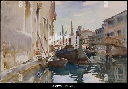 Giudecca. Artist: John Singer Sargent (American, Florence 1856-1925 London). Dimensions: 13 1/16 x 20 15/16 in. (33.2 x 53.2 cm). Date: 1913 (?).  To the south of Venice, a wide canal separates Giudecca, eight small islands, from the rest of the city. A picturesque charm has long been associated with Giudecca, attracting artists for many centuries--both Francesco Guardi (1712-1793) and Joseph Mallord William Turner (1775-1851) painted views of it. However, their images almost always include recognizable landmarks. In his rendering, Sargent avoids identifiable Venetian monuments in recording th Stock Photo