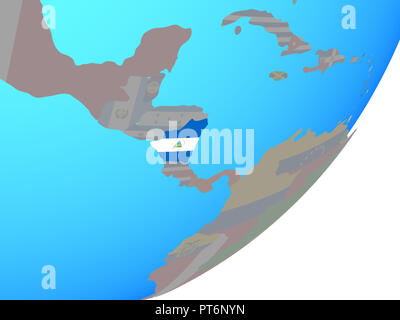 Nicaragua with embedded national flag on blue political globe. 3D illustration. Stock Photo